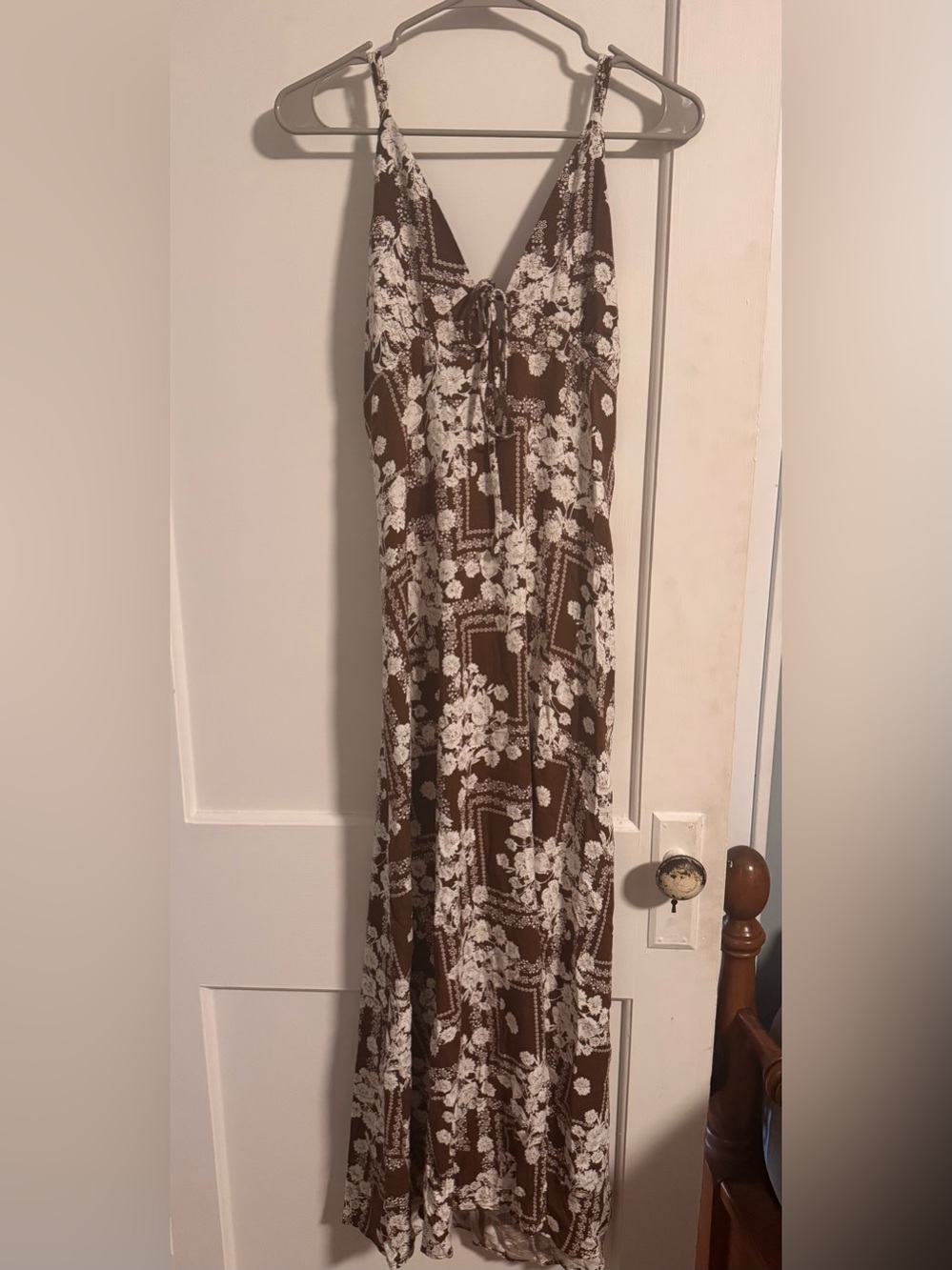 Brown Floral Maxi Dress with Tie-Front